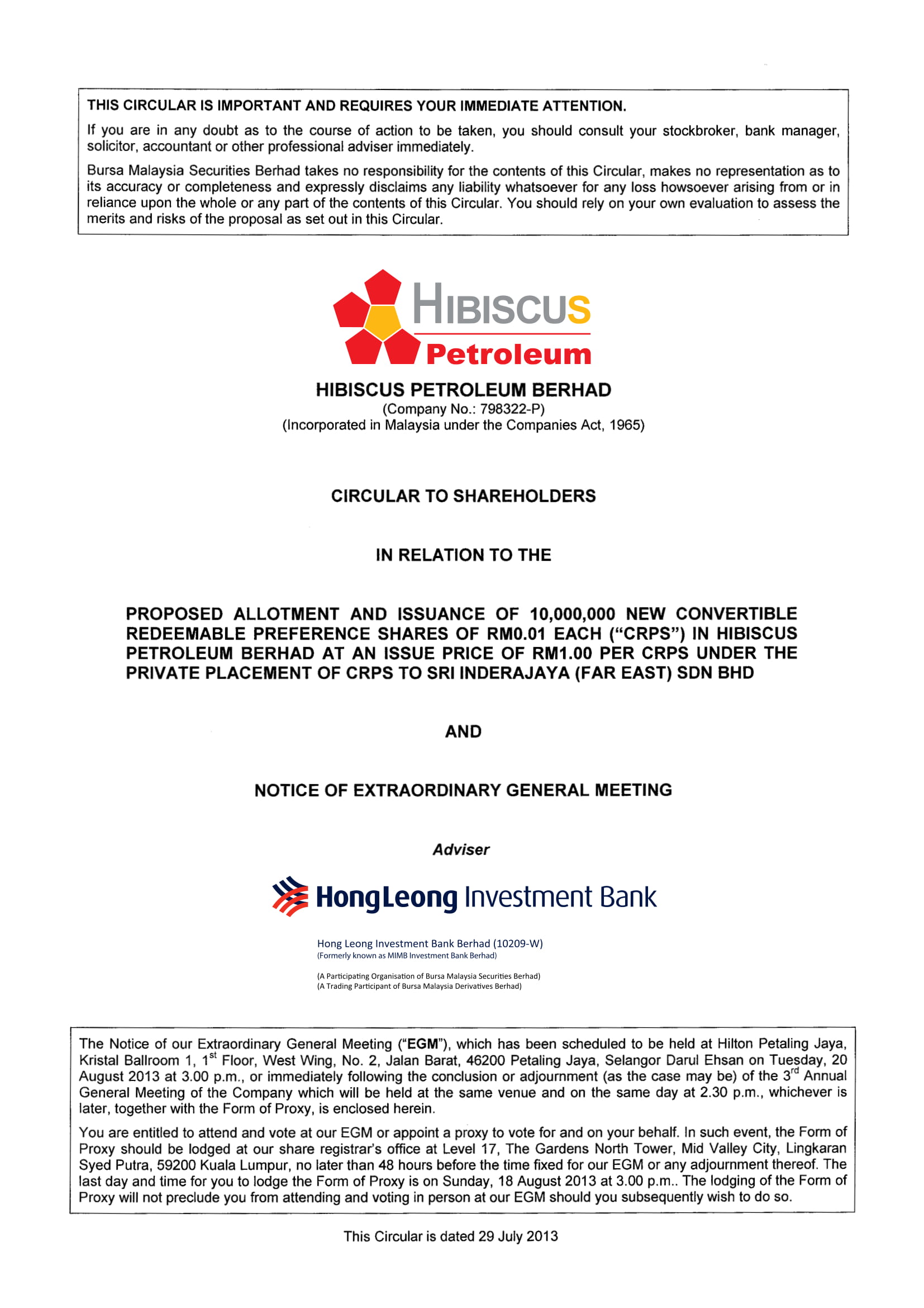 Hibiscus Petroleum Circular To Shareholders