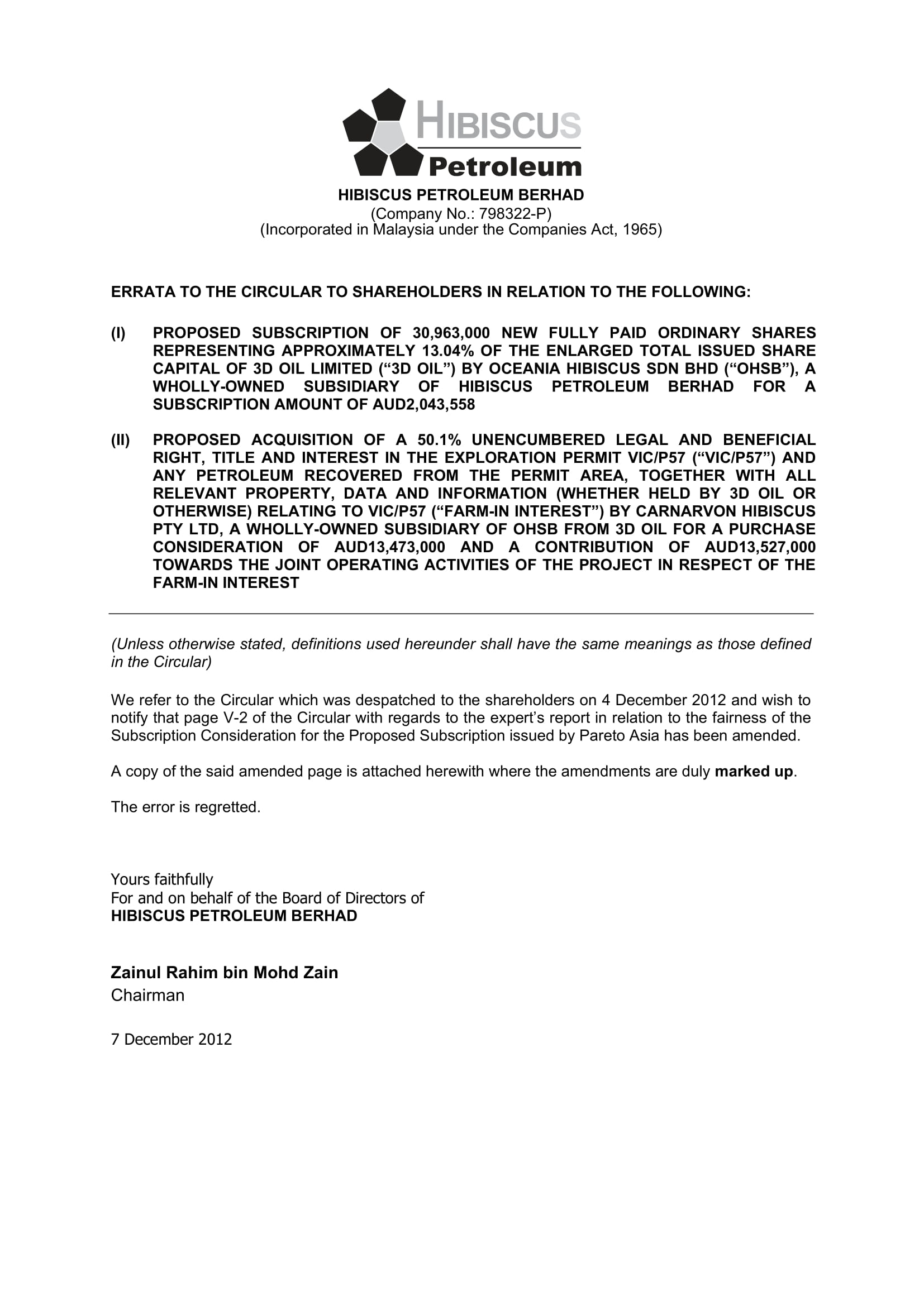 Hibiscus Petroleum Circular To Shareholders